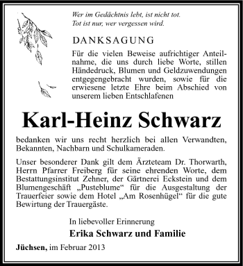 Traueranzeige von Karl-Heinz Schwarz von Südthüringer Presse