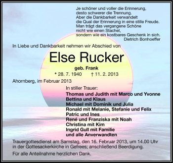 Traueranzeige von Else Rucker von Frankenpost