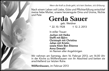 Traueranzeige von Gerda Sauer von Südthüringer Presse