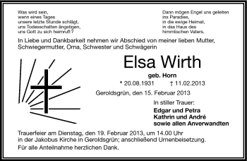 Traueranzeige von Elsa Wirth von Frankenpost