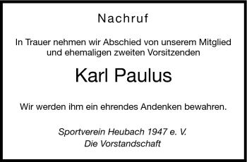 Traueranzeige von Karl Paulus von Neue Presse Coburg