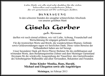 Traueranzeige von Gisela Gerber von Südthüringer Presse