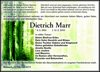 Traueranzeige von Dietrich Marr von Südthüringer Presse