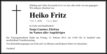 Traueranzeige von Heiko Fritz von Südthüringer Presse