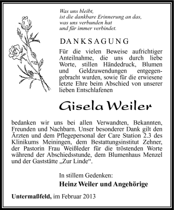 Traueranzeige von Gisela Weiler von Südthüringer Presse