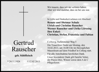 Traueranzeige von Gertrud Rauscher von Neue Presse Coburg