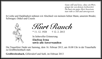Traueranzeige von Kurt Rauch von Südthüringer Presse