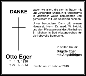 Traueranzeige von Otto Eger von Frankenpost