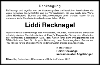 Traueranzeige von Liddi Recknagel von Südthüringer Presse