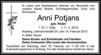 Traueranzeige von Anni Potjans von Frankenpost