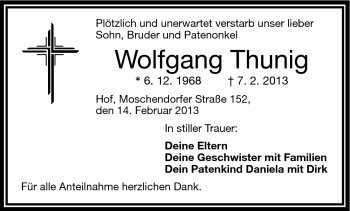 Traueranzeige von Wolfgang Thunig von Frankenpost