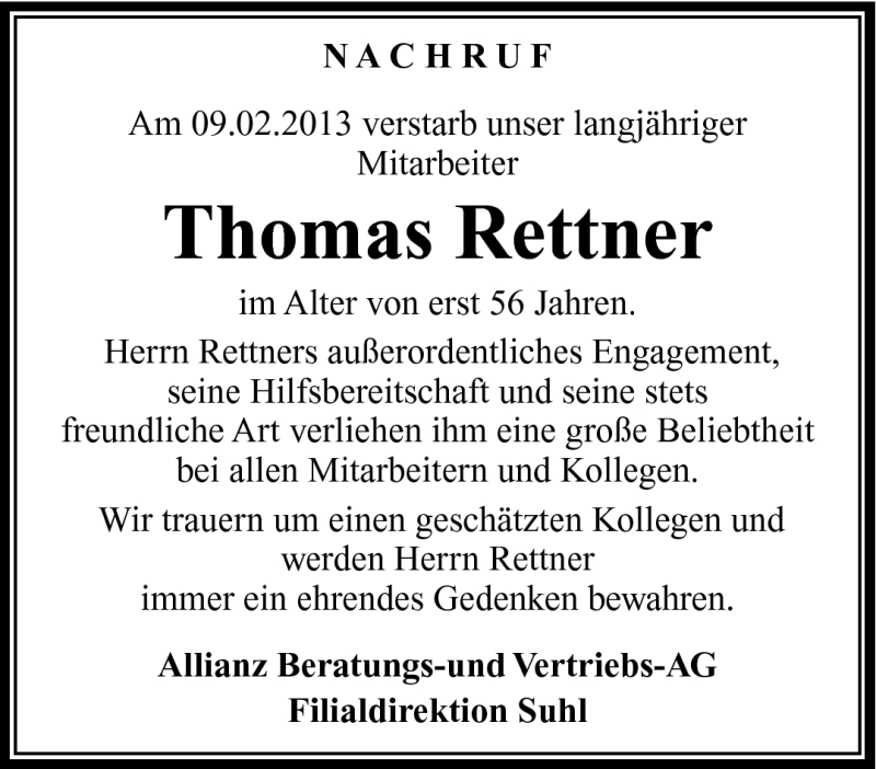  Traueranzeige für Thomas Rettner vom 16.02.2013 aus Südthüringer Presse