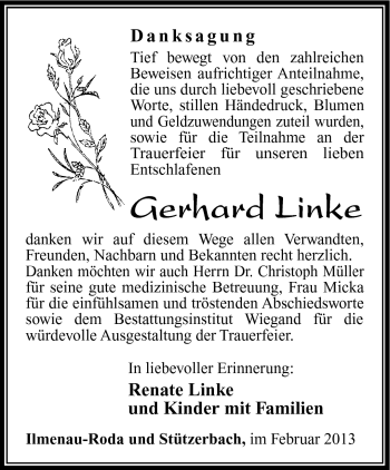 Traueranzeige von Gerhard Linke von Südthüringer Presse
