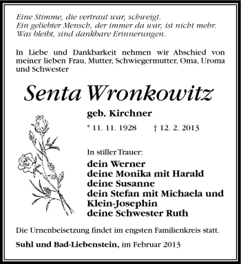 Traueranzeige von Senta Wronkowitz von Südthüringer Presse