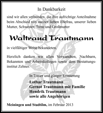 Traueranzeige von Waltraud Trautmann von Südthüringer Presse