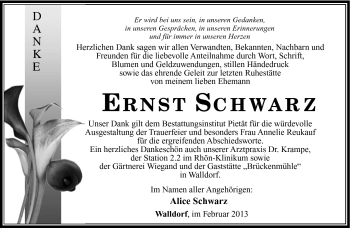 Traueranzeige von Ernst Schwarz von Südthüringer Presse