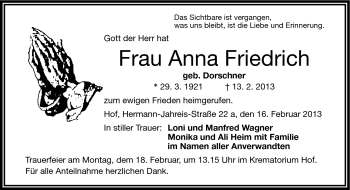 Traueranzeige von Anna Friedrich von Frankenpost