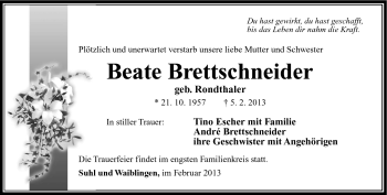 Traueranzeige von Beate Brettschneider von Südthüringer Presse
