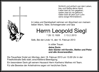 Traueranzeige von Leopold Siegl von Frankenpost