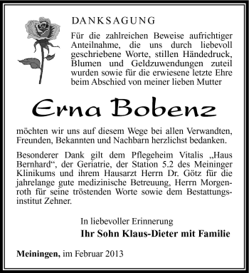 Traueranzeige von Erna Bobenz von Südthüringer Presse