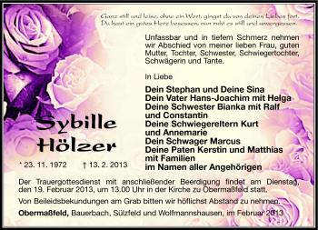 Traueranzeige von Sybille Hölzer von Südthüringer Presse