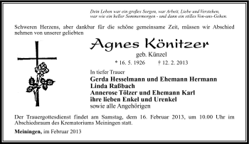 Traueranzeige von Agnes Könitzer von Südthüringer Presse