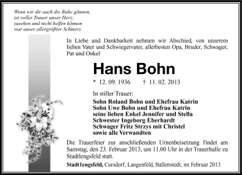 Traueranzeige von Hans Bohn von Südthüringer Presse