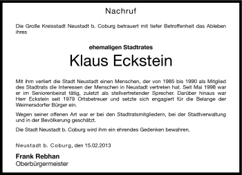 Traueranzeige von Klaus Eckstein von Neue Presse Coburg