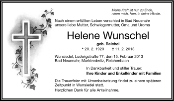 Traueranzeige von Helene Wunschel von Frankenpost