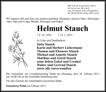 Traueranzeige von Helmut Stauch von Südthüringer Presse
