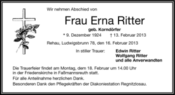 Traueranzeige von Erna Ritter von Frankenpost