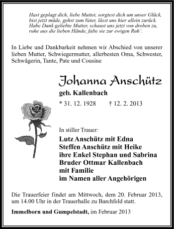 Traueranzeige von Johanna Anschütz von Südthüringer Presse