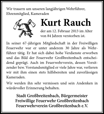 Traueranzeige von Kurt Rauch von Südthüringer Presse