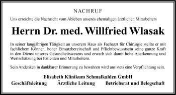 Traueranzeige von Willfried Wlasek von Südthüringer Presse