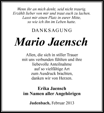 Traueranzeige von Mario Jaensch von Südthüringer Presse
