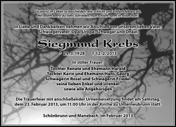 Traueranzeige von Siegmund Krebs von Südthüringer Presse