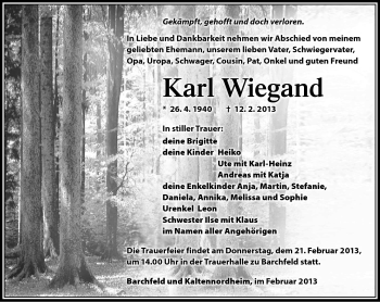 Traueranzeige von Karl Wiegand von Südthüringer Presse