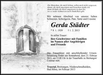 Traueranzeige von Gerda Städter von Südthüringer Presse