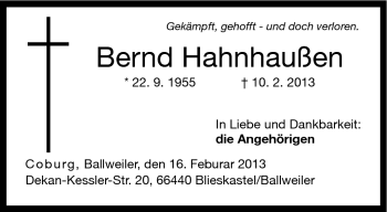 Traueranzeige von Bernd Hahnhaußen von Neue Presse Coburg