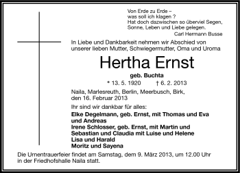 Traueranzeige von Hertha Ernst von Frankenpost