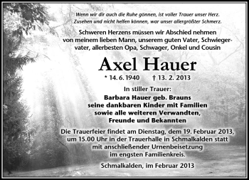 Traueranzeige von Axel Hauer von Südthüringer Presse