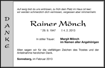Traueranzeige von Rainer Mönch von Südthüringer Presse