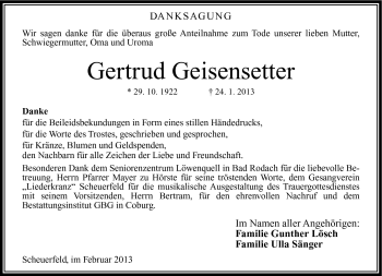 Traueranzeige von Gertrud Geisensetter von Neue Presse Coburg