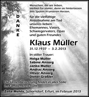Traueranzeige von Klaus Müller von Südthüringer Presse