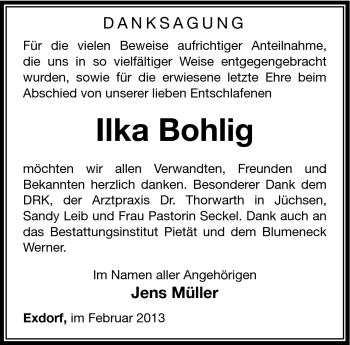 Traueranzeige von Ilka Bohlig von Südthüringer Presse
