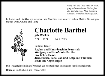 Traueranzeige von Charlotte Barthel von Südthüringer Presse