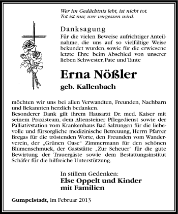 Traueranzeige von Erna Nößler von Südthüringer Presse