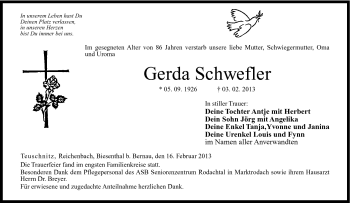 Traueranzeige von Gerda Schwefler von Neue Presse Coburg