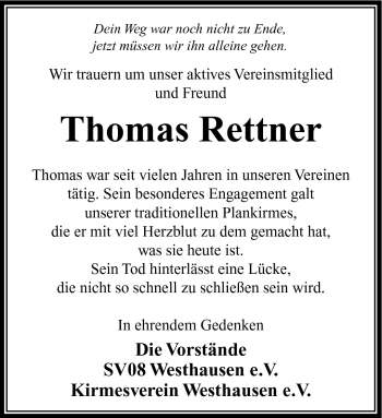 Traueranzeige von Thomas Rettner von Südthüringer Presse