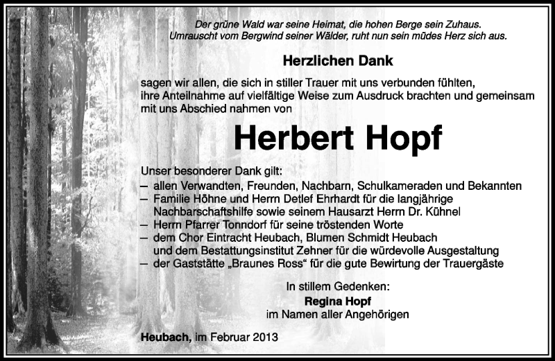  Traueranzeige für Herbert Hopf vom 16.02.2013 aus Südthüringer Presse